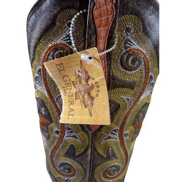 New El General Crocodile Skin Embroidered Red Yellow Brown Cowboy Boots Sz 6.5 - Picture 7 of 9